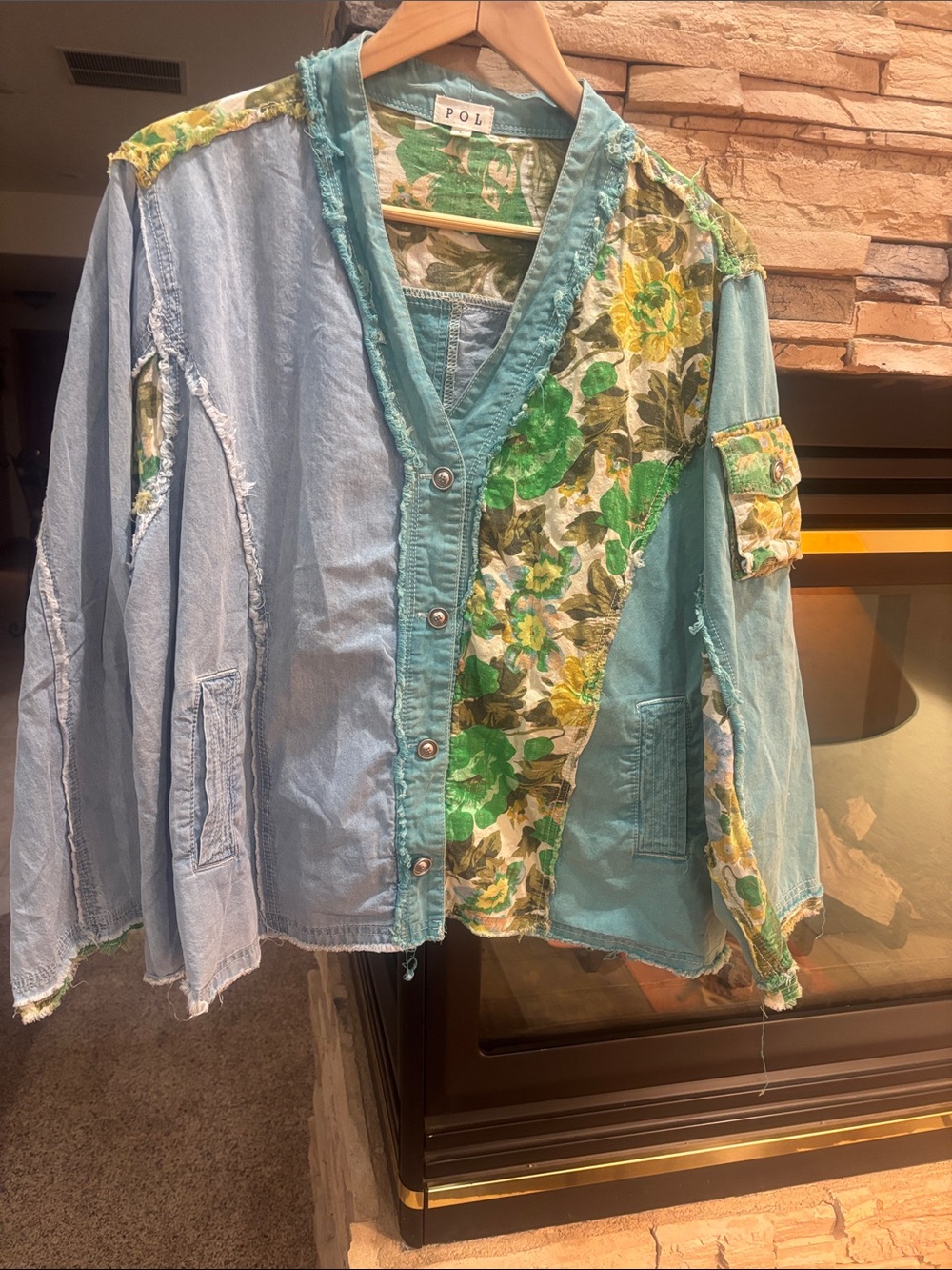 NEW POL Patchwork Floral & Denim Button-Front Shirt - Green/Blue
